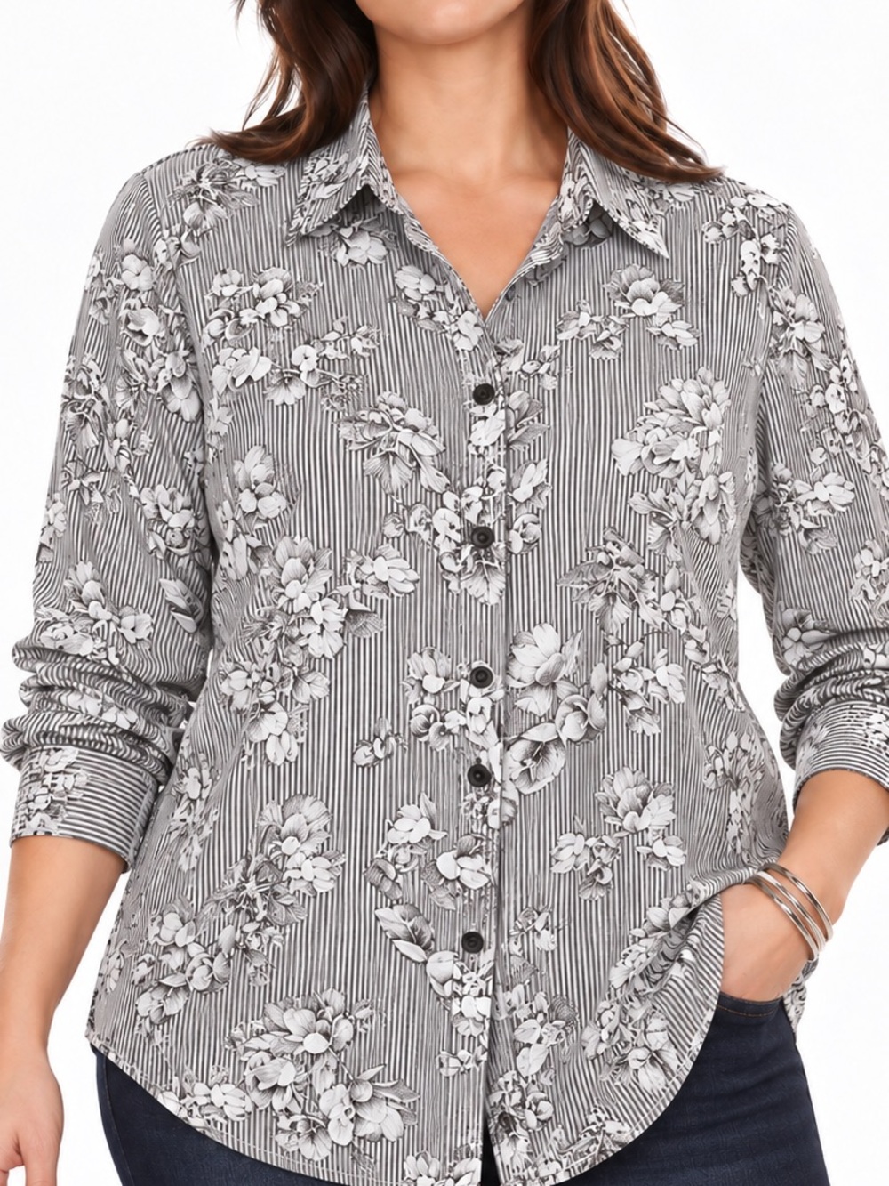 NWT Plus Size Classy grey floral shirt long sleeve
